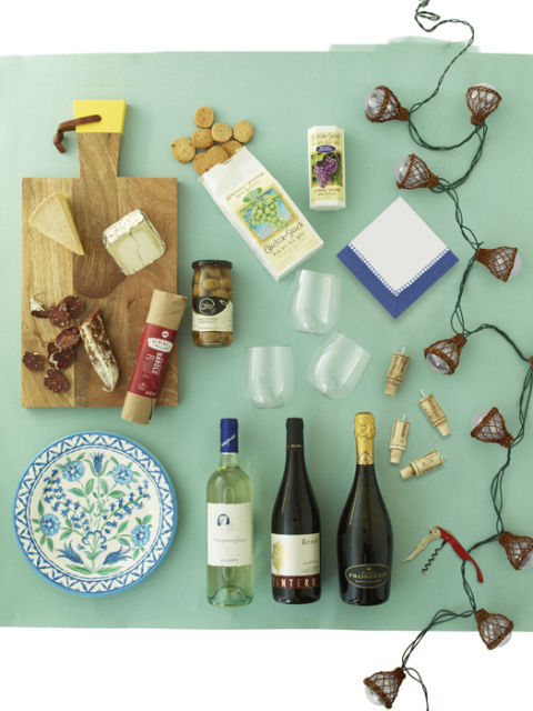 This party includes all the major food groups: wine, cheese, and salami.
1. Raw wood cutting board, $39; westelm.com.
2. Let your guests take hunks out of a sharp Pecorino (left) and a soft American beauty, Humboldt Fog. Buy at murrayscheese.com.
3. Barolo salami, $56 for 4 links; creminelli.com.
4. Olea olives, $5.99 for 12.5 oz; wholefoods.com for stores.
5. Wine biscuits, starting at $5.40; americanvintage.com.
6. Acrylic stemless tumblers, $11.96 for 4; worldmarket.com.
7. Blue paper cocktail napkins, $5 for 20; casparionline.com.
8. Wicker string lights, $39.50; potterybarn.com.
9. Stick a few of these faux-cork candles in empty wine bottles for ambiance. Cork candles, $9.04 for 4; beau-coup.com.
10. Pulltex corkscrew, $9.95; surlatable.com.
11. Ceramica paper plates, $6 for 8; paperstyle.com.
Italian wines everyone will like: From left: The crisp Principessa Gavia Gavi will replace your usual pinot grigio (about $14; castellobanfi.com for stores). A light red from Piemonte pairs with cheese (Tintero Rosso, about $10; kermitlynch.com for stores). Toast with prosecco! (Ca' Furlan's Cuvée Beatrice, about $8; wine-searcher.com for stores)